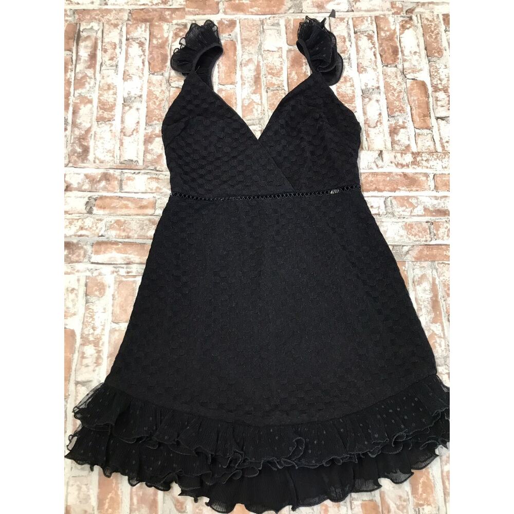 Angel Biba mini Party Lace Ruffle BLACK ruffled V-Neck Strappy Dress US SZ 6